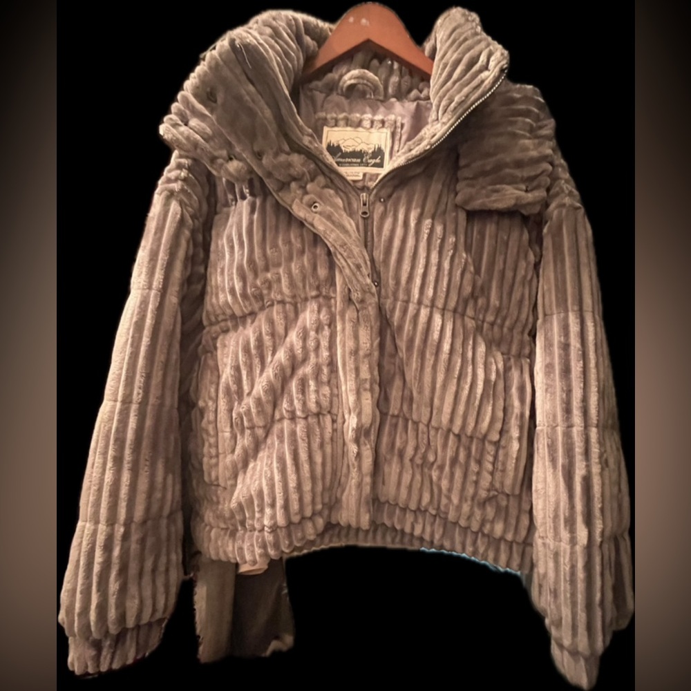 American Eagle Women’s Hooded Textured Puffer Coat Jacket, Grey, XL, Like New